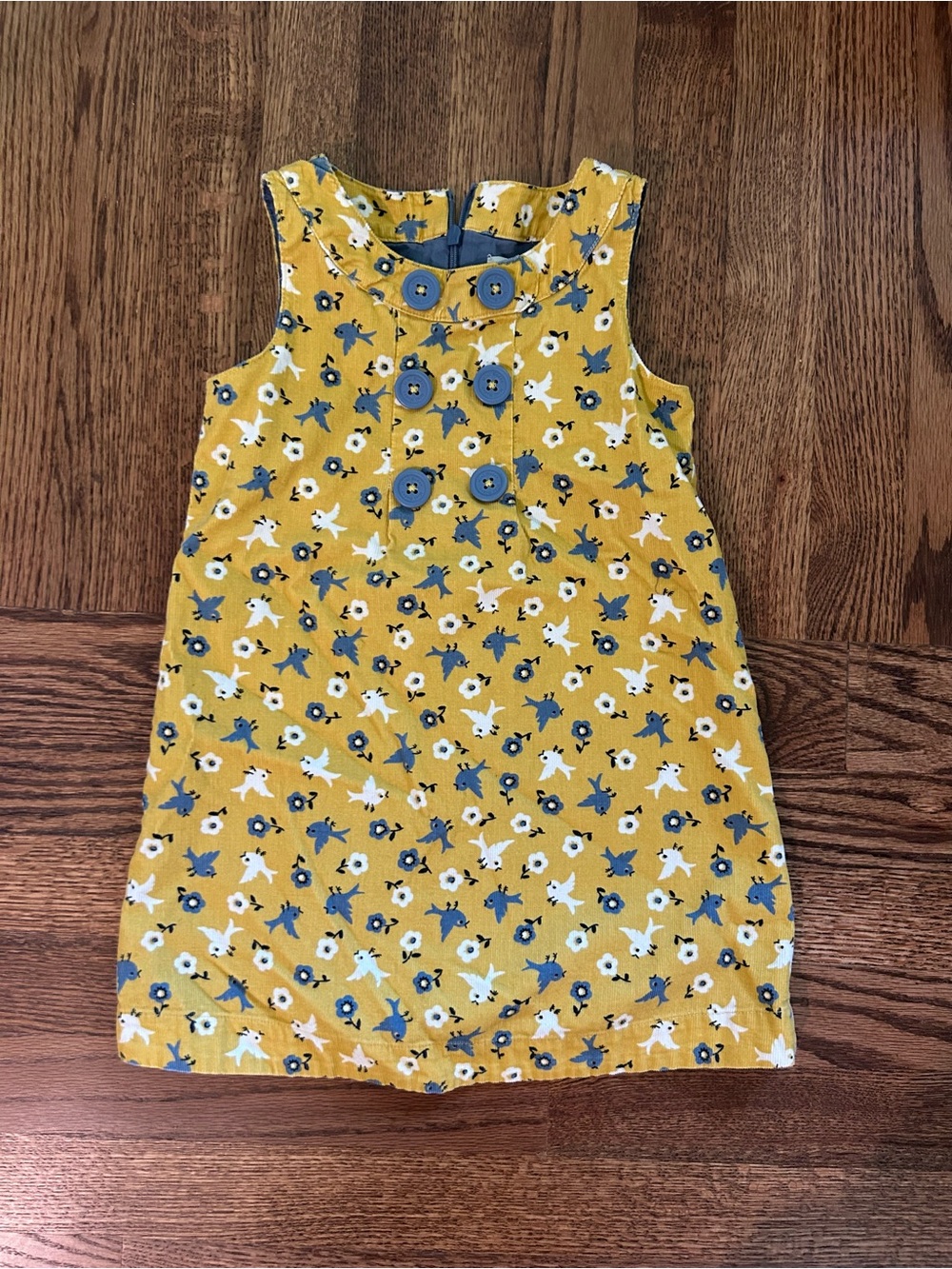 Mini Boden Girls Corduroy Jumper Dress Mustard Bird Floral Print Size 3-4Y